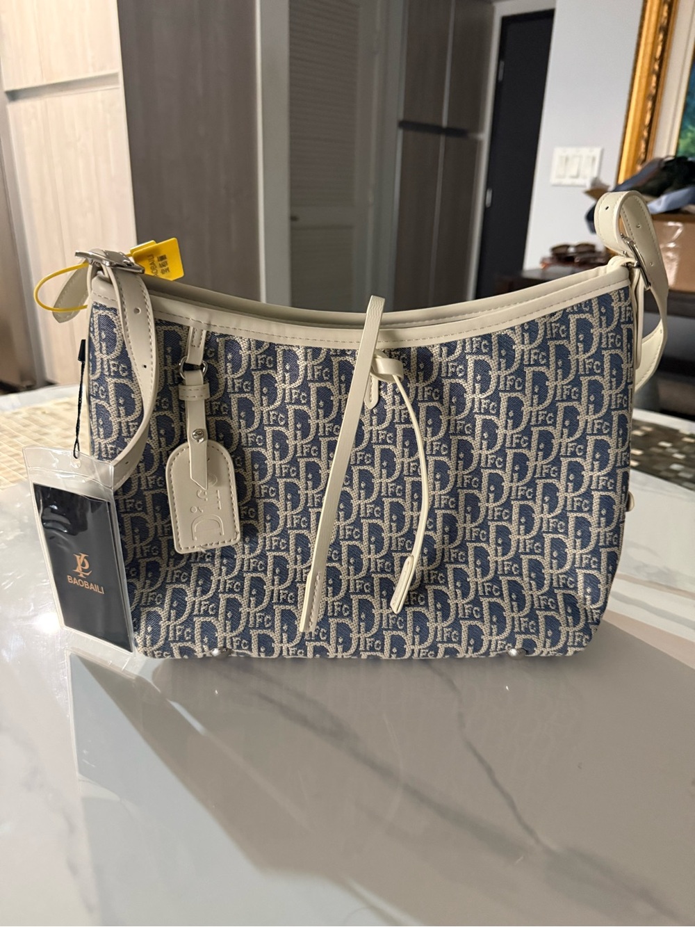 Designer-Pattern Navy and Cream Shoulder Bag